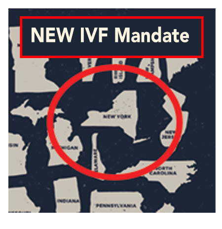 A map of New York State emphasizing the New Mandate insurance companies to cover IVF treatment