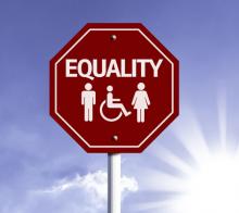 Equity Red Stop Sign with Wheel chair and two people